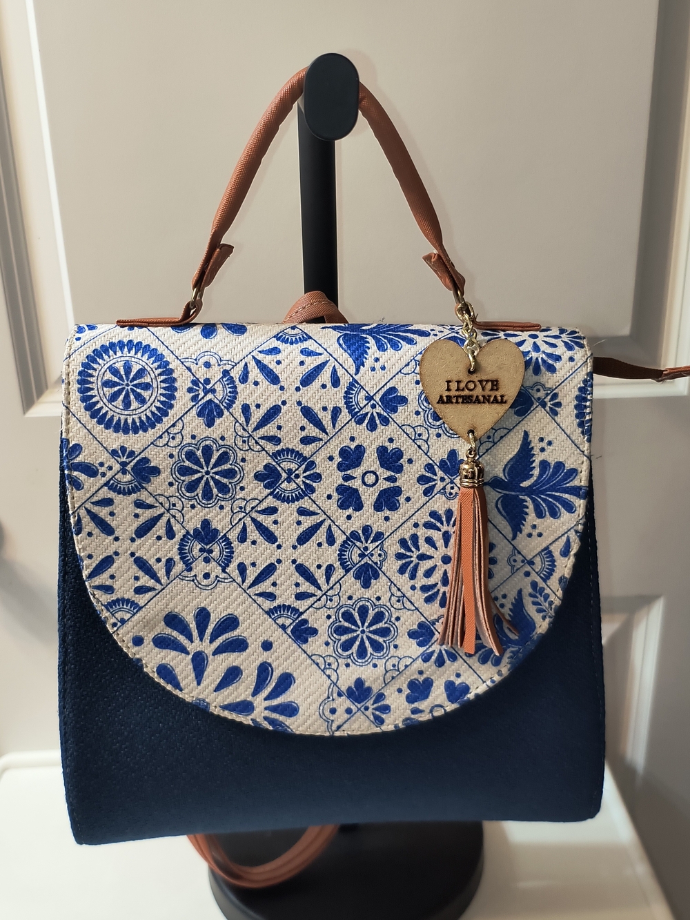 Artesanal Talavera Tile Print Top Handle Backpack Convertible Blue